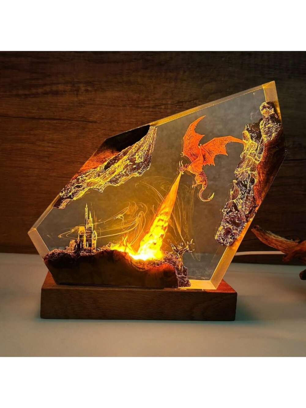 Handmade Epoxy Fire Dragon Resin Lamp | Unique Night Light with USB Port